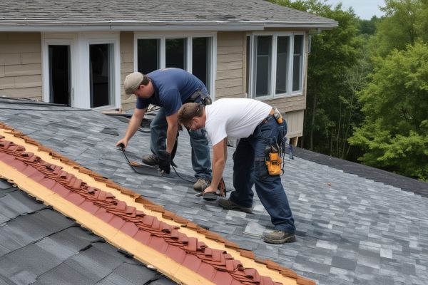 Professional roofing team working on roof installation